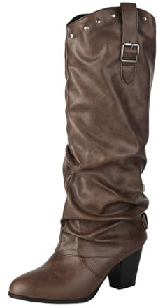 Retro Western Cowboystövlar Damer Långa Stövlar Med Klack PU-läder Breda Rida Stövlar Med Nitar Damer Fritidsskor for Country, Rodeo(Brown,41 EU)