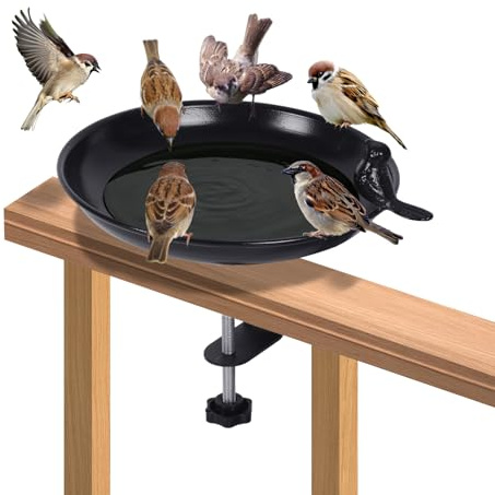 Bain d'oiseaux à suspendre pour balustrade de balcon, fonte noire, diamètre 21,3 cm, mangeoire pour oiseaux, mangeoire, bain d'oiseaux, résistant à l'hiver, pour balcon, terrasse, cour, jardin
