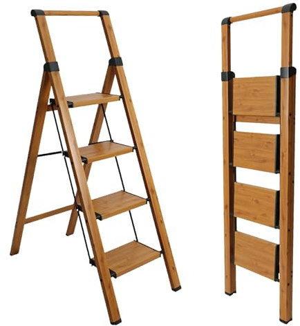 UABA Escalera Plegable de Aluminio Efecto Madera para hogar, 4 peldaños, peldaños Anchos Antideslizantes, EN 131