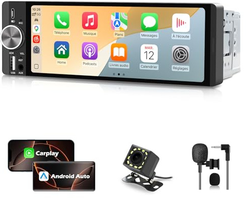 1Din Bluetooth Autoradio mit Bildschirm CarPlay/Android Auto Rückfahrkamera | 6,28 Zoll Touch Display mit GPS Navigation, FM, Lenkradsteuerung, MirrorLink, Equalizer, USB-C, AUX, Single Din Auto Radio