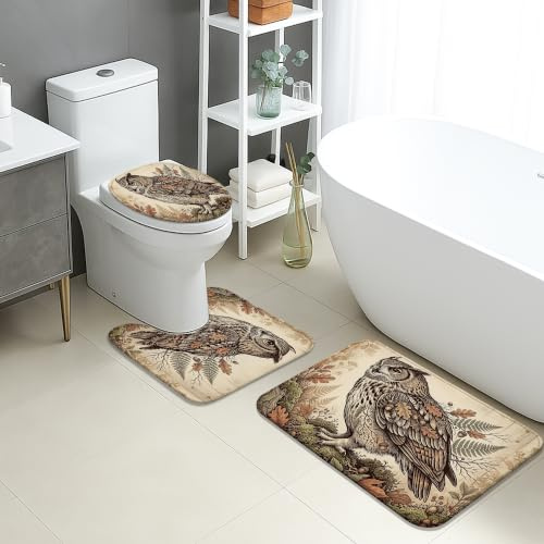 Badezimmerteppich-Set mit Eulen-Motiv, rustikale Farne, Blätter, Herbstbraun, rutschfest, waschbar, WC-Vorleger-Set für Waschtisch, Waschbecken, Bodendekoration, 3-teilig