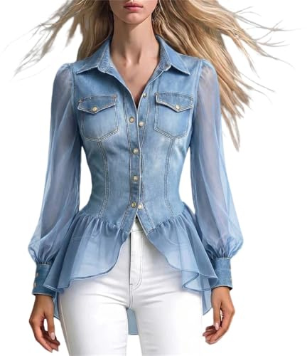 Denim skjorta kvinnor plus size ren puff ärm button-down skjorta normal passform denim lappverk blus genomskinlig Chambray skjortor elegant cowboy stil gå ut toppar