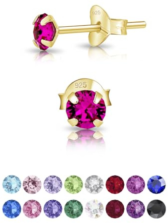 DTPsilver - Winzige Ohrringe 925 Sterling Silber Gelb Vergoldet mit Kristallen von Swarovski® Elements Runde Sehr kleine Ohrstecker - Durchmesser 4 mm - Farbe : Fuchsie