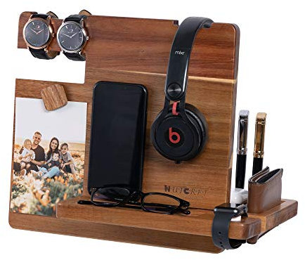 WUTCRFT - Docking station in legno con supporto per cuffie, slot di ricarica per smart watch, porta foto e porta accessori, perfetto per organizzatore da scrivania o regalo per gli uomini (scuro)
