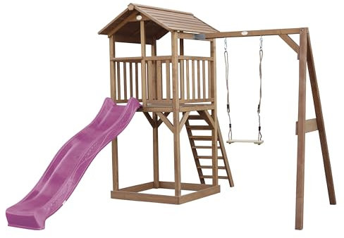 AXI Beach Tower Spielturm aus Holz in Braun | Spielhaus für Kinder mit lila Rutsche, Schaukel und Sandkasten | Stelzenhaus für den Garten