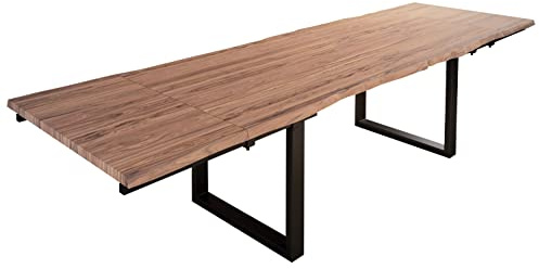 SAM Esstisch Barcelona 220(320) x100 cm Akazie Stone Baumkante U schwarz | Baumkantentisch massiv, Akazienholz stonefarben, ausziehbar, inkl. 2 Ansteckplatten 50x100 cm, Metallgestell