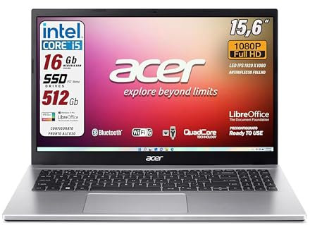 acer, Notebook Laptop einsatzbereit, IntelCore i5, Iris Xe Graphics, RAM DDR4 16 GB, SSD 512 GB, Display 15,6 Zoll FullHD LED, HDMI, USB 3.2, Lan, Win 11 Pro
