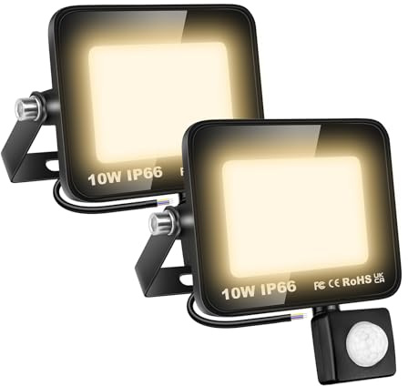 SKYWORLD 2 Pcs 10W Projecteur LED Extérieur avec Détecteur de Mouvement | 1000LM Spot LED Extérieur, IP66 Étanche Éclairage de Sécurite Lampe pour Patio Garage Jardin Cour Terrasse, 3000K Blanc Chaud