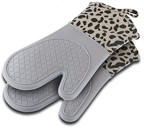 Ocves Ofenhandschuhe aus Silikon & Baumwolle, Topfhandschuhe mit Silikon, Hitzebeständig bis 250°C, rutschfest & Wasserdicht | Extra Lang Waschbar | Für Backofen, Grillen & Küche (Grau)