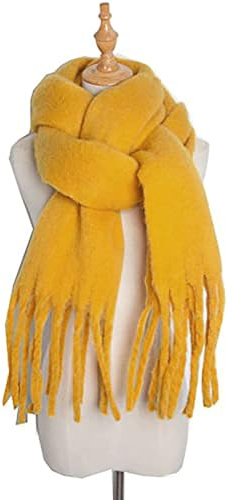 Duories Winter Gestrickte Damen Schal,Warme Fransen Quasten Winterschal Deckenschal Langschal Herbstschal Strickhalstuch Extra Weiche Länge Dickes Umschlagtuch Poncho Schals Scarf Strickschal,Gelb