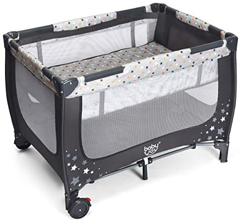 COSTWAY Lettino da Campeggio con Materasso, Lettino da Campeggio per Neonati, Culla da Viaggio Portatile con 2 Ruote, Borsa, per Bambini 0-36 Mesi, 125 x 65 x 76 cm (Grigio)
