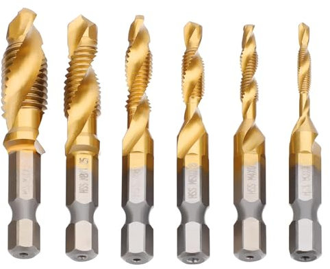 Honiwu 6-teiliges Gewindebohrer-Set, 1/4 Zoll M3-M10 Metall-Gewindebohrer, metrischer Sechskantschaft-Gewindebohrer, titanbeschichtetes HSS, zum Gewindeschneiden verschiedener Gewinde