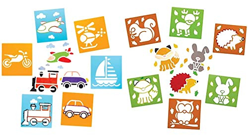 Baker Ross AW715 Schablonen „Verkehrsmittel“ zum Malen (6 Stück) – Schablonenset aus abwaschbarem Kunststoff für Kinder & AW896 Schablonen für Kinder, Waldtiere, 6 Stück, braun & grün