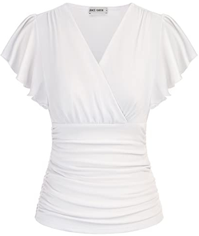 GRACE KARIN Damen Kurzarm Bluse Elegant Slim Fit Plissee-Tops Einfarbige Tunika Bluse Sexy Pullover Weiss XXL