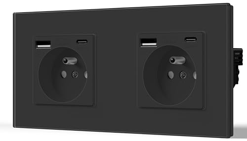 BSEED Prise en verre cristal Murale avec USB et 1 Type C alternatif Multiprise Murale avec USB 2.1A courant 16 Amp 240V 157mm Noir