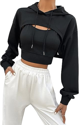 GORGLITTER Damen Crop Hoodie mit Top Drunter 2 in 1 Pullover Kapuzenpullover Langarmshirt Kapuzensweatshirt Cut Outs Shirts mit Kapuze
