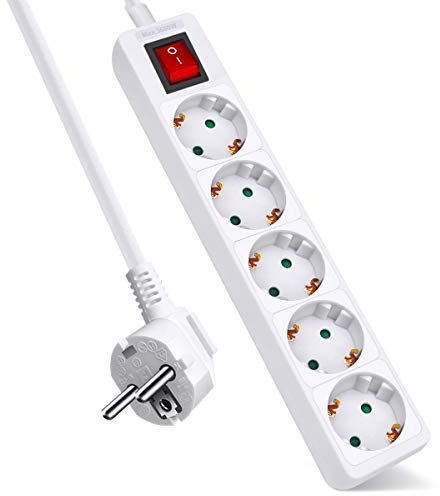 EXTRASTAR Regleta con 5 Enchufes e Interruptor, Cable 1.5M, 5 Tomas Regleta para el hogar, Oficina y Viajes, MAX 3680W, 16A, 250V, Blanco, 1pc