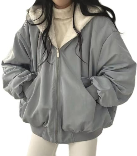 Sumleno Sherpa Jacket for Women, Teens, Girls, Reversible, Y2K, Zip-Up, Hoodie, Fleece, Fur, Grunge Winter Coat, Cutecore, Korean Clothes, blue, M