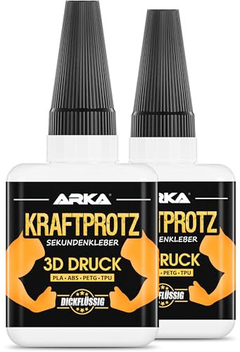 ARKA 2x 50g 3D Druck Superkleber - Extra Stark, Wasserfest, PLA, ABS, PETG & TPU-Kleber, Inkl. Anti-Austrocknung-Spitze, Kraftprotzig