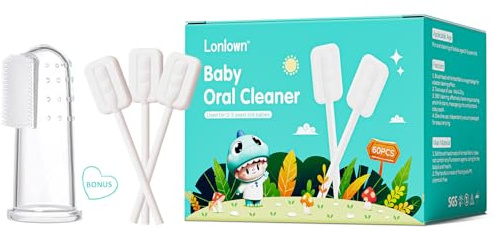 Lonlown 60PCS Baby Tongue Cleaner & 1PCS Finger Toothbrush Infant Mouth Cleaner Newborn Gum Cleaner Disposable Infant Oral Clean Stick Dental Care for Baby Toddler