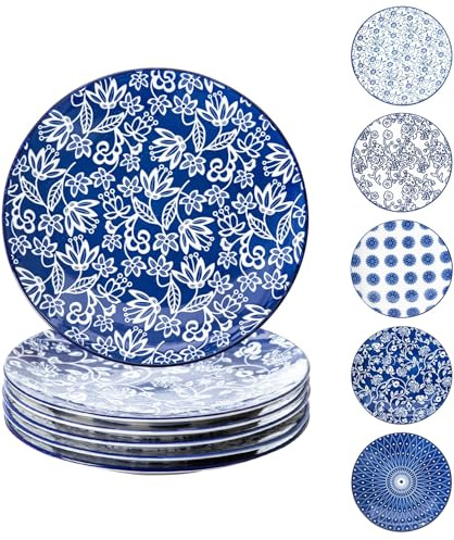 Gibsimi Ceramic Salad Plates Set - 8.5 Inch Kitchen Small Round Dinner - Scratch Resistant Porcelain Microwave Oven Dishwasher Safe - Dishes for Sandwich Dessert Appetizer - Set of 6 - Vintage Blue