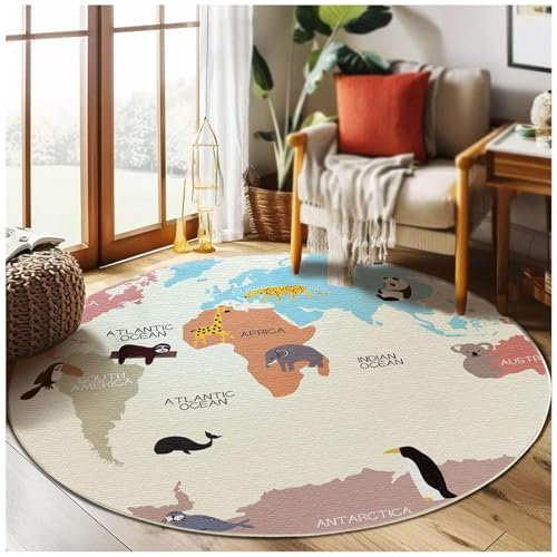 HMGAQNP Weltkarte Spielbereich Runder Teppich,Rutschfester Klein Teppich Spielteppich, Klassenzimmerteppich,Bodenmattefür Schlafzimmer, Wohnzimmer, Heimdekoration (Beige, 60cm)