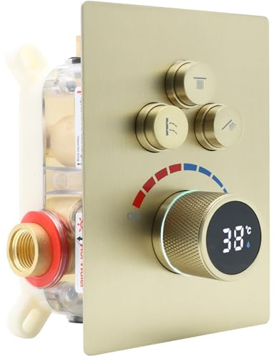 Delnet Solid Brass Shower Mixer Valve, Concealed 3 Way Outlet Digital Display Diverter Valve, Can Use All Options at A Time, Brushed Gold