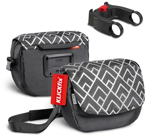 Borgen KLICKfix Lenkertasche Fahrrad, schwarz mit Reflektoren, Bundle, 5 L | Wasserabweisende und geräumige Lenkertasche, 2in1 Tragetasche mit abnehmbarem Gurt - für E-Bike, MTB, Citybike und Rennrad.