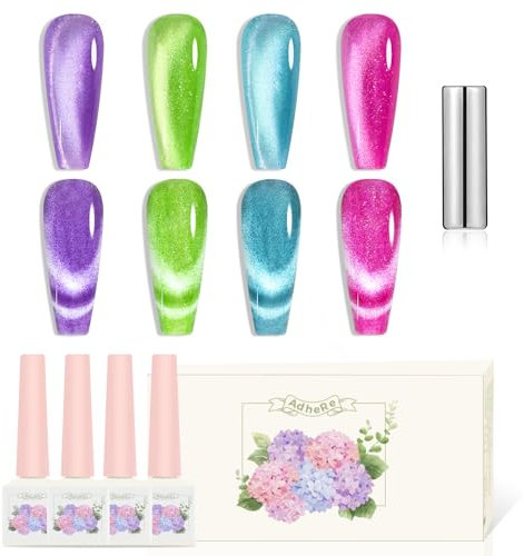 ADHERE 12ml Nagellack Set mit Magnet Katze Auge - UV Lacke für Nägel Gellack UV Gel Nagellack - Glitzernd schimmernd Funkeln in Grün, Rose, Rot, Lila, Blau