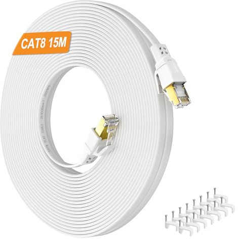 Nowunke Cat 8 Cable Ethernet 15m, Blindé Cable RJ45 Haut Débit Fibre 15m 40Gbps 2000MHz, Blanc Gigabit Plat Câble Réseau LAN Cable Internet pour Routeur, Modem, Switch, Xbox, PS5/4
