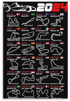 TINCHEW Poster Calendrier Formula Race Cars 2024 - Circuits nommés - Art mural - Décoration d'intérieur - Décoration d'intérieur - 40 x 60 cm