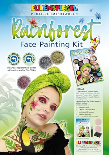 Eulenspiegel 212097 - Rainforest Face Schmink-Palette, 12 Profi-Aqua Farben, 3 Glitzer, 2 Schwämme, 1 Bart-Stoppel-Schwamm, 2 Pinsel, 1 Schminkanleitung