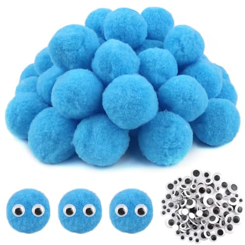 TOAOB 50 Piezas Pompones Grandes y Esponjosos de 5 cm Bolas de Fieltro Azul Lago con Ojos Móviles Negros para Decoraciones Manualidades Creativas y Decoraciones Bricolaje