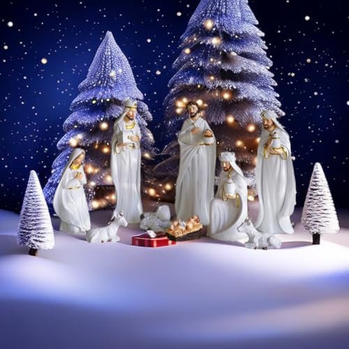 GoldDuoDuo 9 Pieces European Style Nativity Set for Indoor, Real Scene Figurines & Figures Manger Scene Resin Crafts for Christmas Decoration