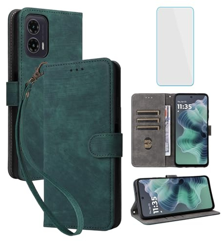 IUQXU RFID Wallet Phone Case for Motorola Moto G35 5G Green | with Screen Protector,Leather Flip Cover,Card Slot,Kickstand,Women Men Mobile Phone Case for Motorola G35 G 35 MotoG35 5G