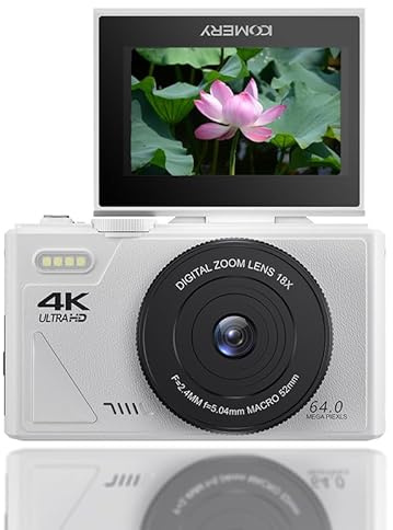 Digitalkamera, Autofokus UHD 4K-vloggningskamera med 3-tums Vändskärm, 64 MP 18X Digital Zoom Anti Shake Videokamera, Kompakt Resekamera för Barn Tonåringar Vuxen (Vit)