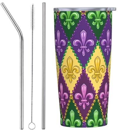 VOSERY Botella de agua de 20 onzas con tapa y popote, vaso aislado Mardi Gras4 de acero inoxidable, taza de café de viaje, vaso personalizado