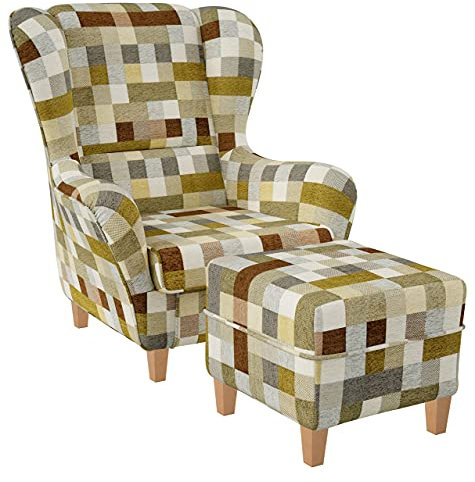 Supellex Sofia Ohrensessel mit Hocker | Design kariert Beige-Ocker