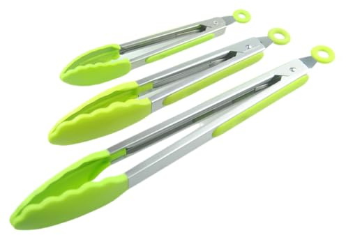 Kökstång av rostfritt stål, med lås, koktång med silikonspets, set om 3, 22,8 cm, 27 cm, 34 cm lång kökstång värmebeständig koktång grilltång (grön)