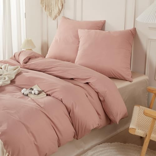 SAPHREAS Bettwäsche 200x220 100% Gewaschene Baumwolle 3teilig, Bettwäsche Sets mit Reißverschluss, Oeko-Tex Zertifiziert Bettbezug für Allergiker, Altrosa Rose