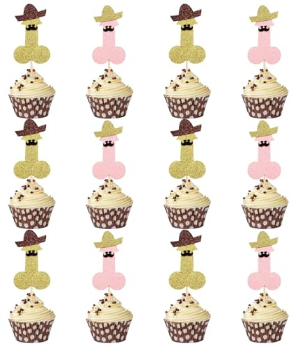 Tourima 12 Penis Cupcake Topper, JGA Deko Frauen für Bachelorette Party | Das Set enthält 12 glitzernde Penis Cupcake Topper in zwei Farbvarianten mit Hut und Schnurrbart für eine freche JGA Deko.