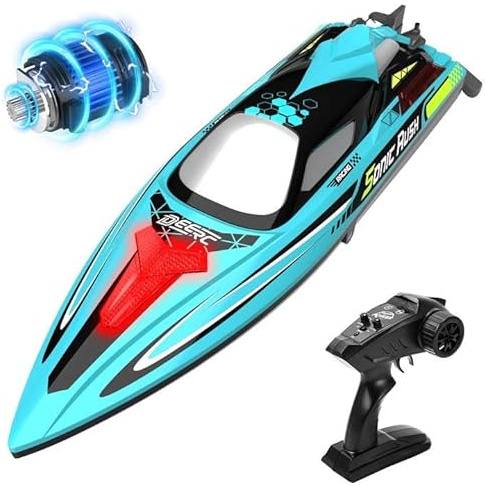 DEERC Barche RC senza spazzole per adulti, 34 MPH, telecomandate con batteria 3S, luci a LED, auto-allineamento, 2,4 GHz, barca da corsa per lago piscina, giocattolo regalo per ragazzi e ragazze