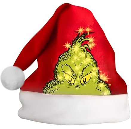 yumcute Weihnachtsmütze Erwachsene Unisex - Weiche Flanell Weihnachtsmann Mütze mit Gr-in-ch Cartoon Druck, Lustige Festliche Party Beanie Cap für Weihnachten Neujahr Geburtstag Maskerade(Rot)