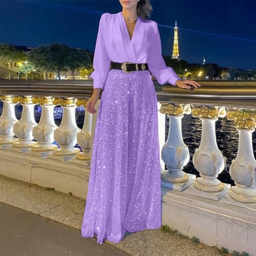 Loose Fit Wide Leg Jumpsuit for Women with Sequin Splicing for Stylish Evenings (L Purple)