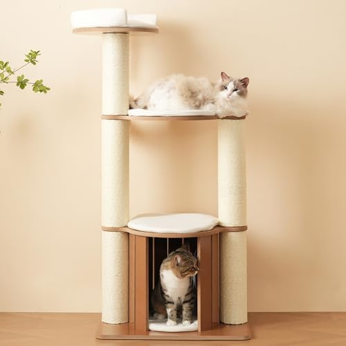 Merax Katzenkratzbaum 135 cm hoch, mit XXL-Stamm, 3-stufige Plattformen, integriertes Katzenhaus, Ø12 cm Kratzsäulen, abnehmbare Kissen, Kippschutz