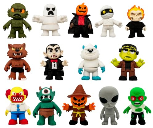 Colección 14 Figuras Monstruos Clásicos Halloween – Vampiro, Frankenstein, Hombre Lobo, Fantasma, Zombie, Momia, Alien, Yeti, Payaso Asesino, Cíclope, Espantapájaros y Más – Miniaturas 6 cm Decoración