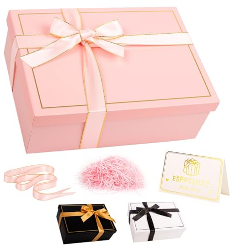 Presentlåda med lock, vikbar presentask, innehåller kort, strimlat papper, band, 25 x 18 x 8,8 cm, lämplig för alla hjärtans dag, födelsedagar, bröllop, helgdagar (Rosa-C)