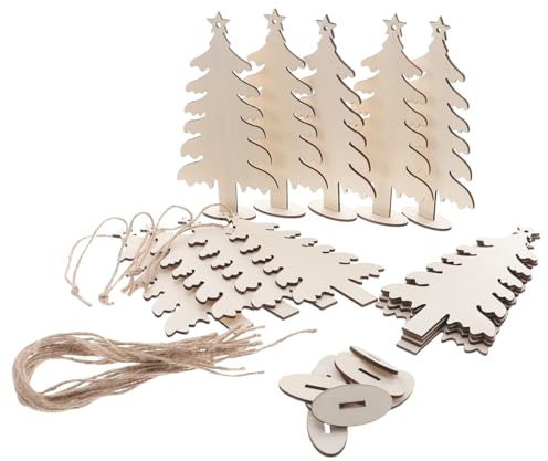 Angoily 20 Piezas Adornos Artesanales Para Pintar ÁRbol De Navidad De Madera Sin Terminar Con Cuerda De CáñAmo Y Base Para DecoracióN Navideña Manualidades Familiares