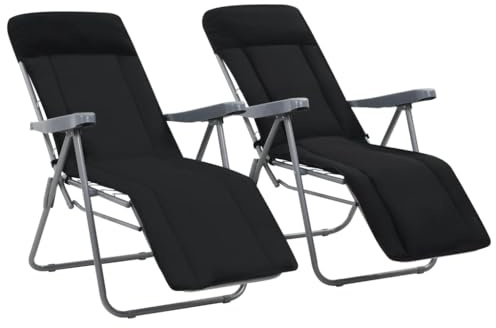 Teenpull Fällbara trädgårdsstolar med kuddar, 2 st. Svart, justerbara relaxstolar för utomhus, camping, terrass, pulverlackerat stål, max. 110 kg