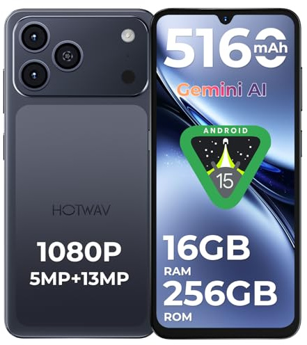 HOTWAV A17 Pro Max Smartphone Android 15, 16GB+256GB/TF TB Telefono Cellulare, 5160mAh Cellulare, 6.75 Pollici Telefoni, 13MP+5MP Camera, Dual SIM 4G Telefono/1080P/GPS/Face ID/Fingerprint - Nero
